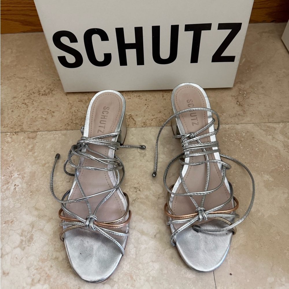 SCHUTZ Metallic Silver Lace-Up Strappy Sandals with Rose-Gold Accent